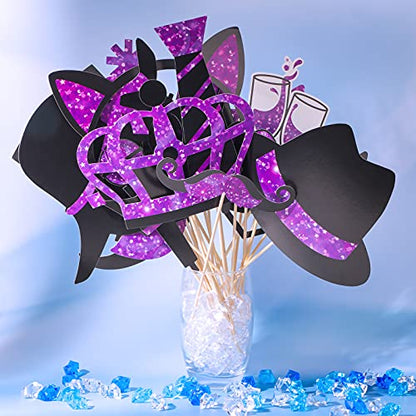 Zonon 24 Pcs Funny Photo Booth Props Set, Black and Purple | Props on Sticks for Wedding, Reunion, Prom, Includes Mustache, Hats, Glasses, Ties, Lips, Crowns, Fun Party Accessories - color: Black and Purple