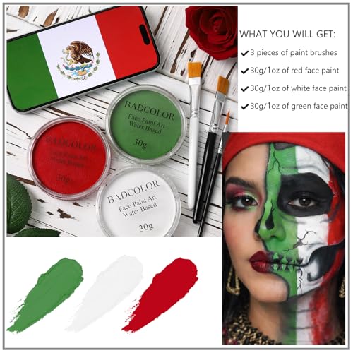 Green White Red Face Body Paint Set, Mexico Flag Face Painting Kit with Painting Brushes for Halloween, Water Based Face Paints for Xmas Elf, Grinch, Orcs, Day of the Dead Skull & Monster SFX Make-Up - color: Green+White+Red+3Pcs Brushes