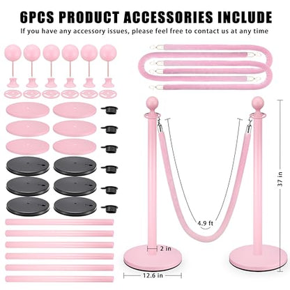 Pink Stanchions and Velvet Ropes 6pcs Stainless Steel Posts | 4pcs 5ft Pink Velvet Ropes Crowd Control Barriers with Durable Refillable Base for Wedding, Party & Exhibition Events - color: Pink, size: 6 PCS