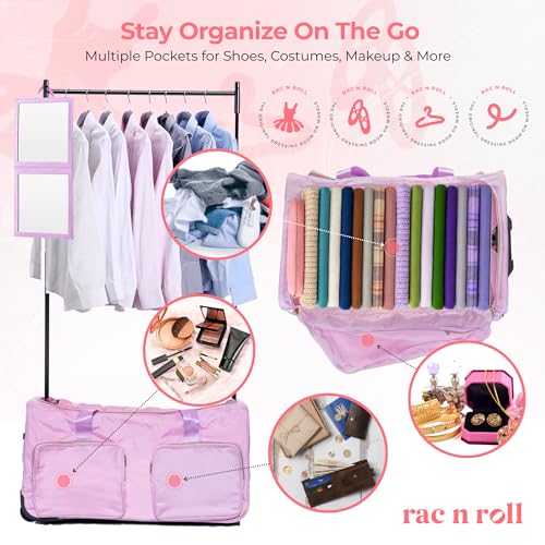 Rac n Roll Collapsible Rolling Dance Bag with Garment Rack (Clothes Rack), Foldable Competition Travel Duffel with Wheels for Dancers, Cheer, Pageant, Skating, Costume Storage, Pink - color: Pink