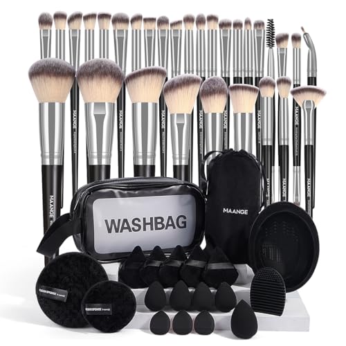 MAANGE 30pcs Professional Makeup Brush Set With Velvet Bag&5pcs Beauty Blender&2pcs Makeup Remover Puff&5pcs Triangle Powder Puff&3pcs Mini Thumb Puff&Toiletry Bag&2pcs Cleaning Mat (Blacksliver) - color: 49pcs-Blacksliver