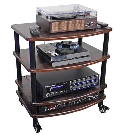 Rockville FLX Dark Wood Adjustable Height 4 Shelf Home Theater Audio Rack Stand, 24"x18", 300lb Limit, Steel Tubes, Perfect for Home Theaters, Studios | 300 lb Capacity, 24"x18" MDF Shelves, Expandable, Lockable Casters, Carpet Spikes, Rubber Feet, Open-A
