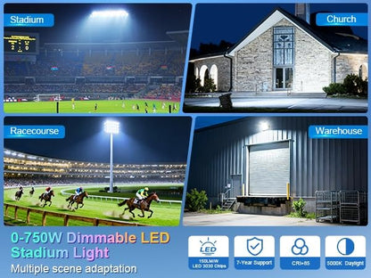 112500LM Led Stadium Light Dimmable 0-750w Super Bright Daylight | Led Arena Flood Lights Outdoor 100-277v 5000k Yoke U Mount IP66 Waterproof Sportcourt Light Commercial for Square Golf Port - size: Extra Large/750/Dimmable