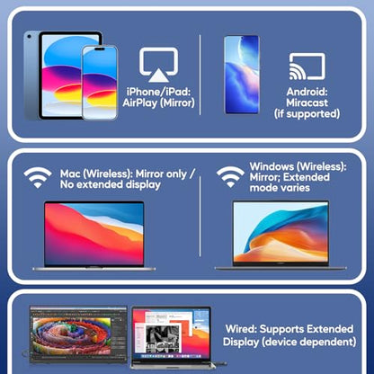 17.3" 2.5K Wireless Portable Monitor with Built‑in 8000mAh Battery 4H, AirPlay & Miracast, 2560x1400 IPS Matte HDR, 125% sRGB, 500 Nits, VESA, Auto Rotation for Phone/Tablet, USB‑C & Mini HDMI - size: 17.3