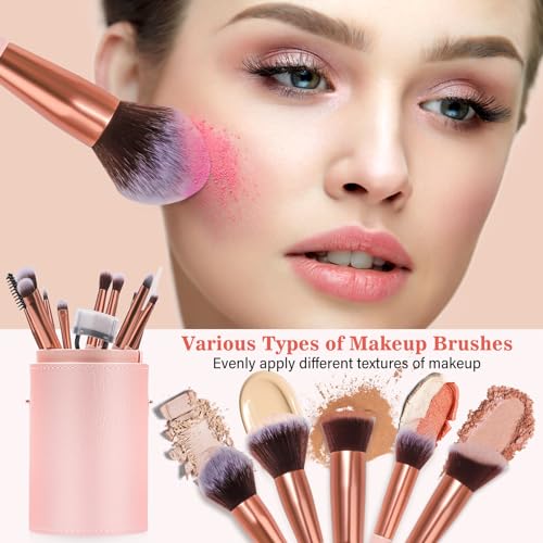 Makeup Brush Set, 17PCs Makeup Brushes with Foundation Eyebrow Blending Concealer Blush Eyeshadow Contour Lash Powder Brush, Make Up Brushes Kit with Organizer Travel Case (Medium, Pink) - color: Pink