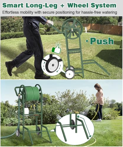 Hose Reel Cart with 2 Wheels, Garden Water Hose Holder Heavy Duty Powder Coated Steel Outdoor Winder Storage Holds 125 ft 5/8" Hoses with Basket and 3.9ft Leader Hose for Backyard, Green - color: Green