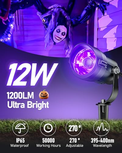 HIBOITEC Halloween Black Light Spotlight Outdoor 12W IP65 Waterproof LED Spot Lights Landscape Lighting with US Plug for Glow Party Body Paint Yard Garden Decorations 4Packs - size: 4 Pack