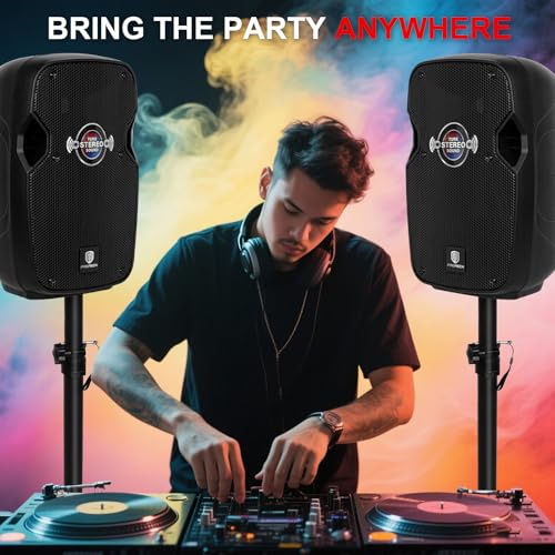 PRORECK 10-Inch Stereo Speakers, 850W Peak Power Bluetooth PA Speaker, with Wired Microphone, Speaker Stands & Remote – Portable DJ Speaker for Parties, Events, Karaoke, Outdoor Use