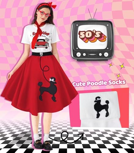 1950s Poodle Skirt Outfit Women 50s Sock Hop Costume T Shirt Accessories - color: Red-sockhop, size: Small