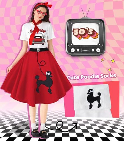 1950s Poodle Skirt Outfit Women 50s Sock Hop Costume T Shirt Accessories - color: Red-sockhop, size: Small