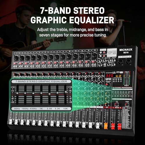 Audio Mixer 16 Channel Professional Sound Console Music Mixer with 320 DSP Effects, 7-band EQ DJ Mixing Board w/USB, Bluetooth, 48V Power Supply, PAD Button for Recording Karaoke PA Drum Live - size: 16 Channel - 21.8in