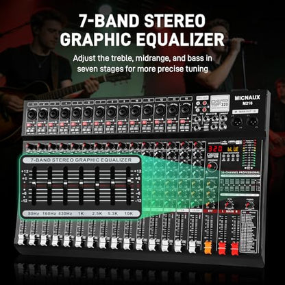 Audio Mixer 16 Channel Professional Sound Console Music Mixer with 320 DSP Effects, 7-band EQ DJ Mixing Board w/USB, Bluetooth, 48V Power Supply, PAD Button for Recording Karaoke PA Drum Live - size: 16 Channel - 21.8in
