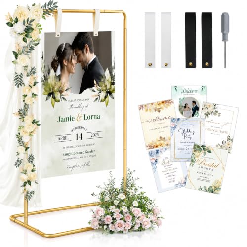 Wedding Sign Holder - Adjustable Welcome to Our Wedding Sign Stand Stand with 39 Premium Templates & Leather Straps, 64"x 30"x 20" Heavy Duty Easel Stand for Sign Display Poster, Wedding, Birthday - color: Gold