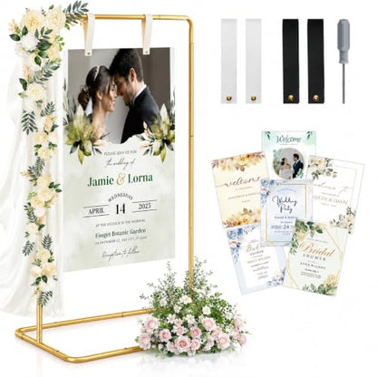 Wedding Sign Holder - Adjustable Welcome to Our Wedding Sign Stand Stand with 39 Premium Templates & Leather Straps, 64"x 30"x 20" Heavy Duty Easel Stand for Sign Display Poster, Wedding, Birthday - color: Gold