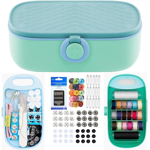 Sewing Kit Gift Set with Portable Storage Box and 140pcs Supplies - color: Green Blue Sewing Kit