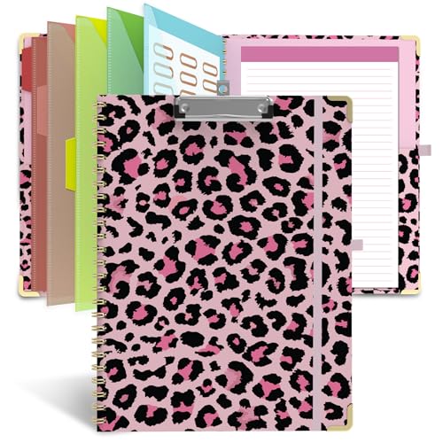 Clipboard Folio with Storage 8.5" X 11", Folder with 10 Pockets for Letter Size, Padfolio Organizer with Refillable Lined Notepad, Spiral Clipboards for School Office & Nursing-Pink Leopard - color: Pink Leopard