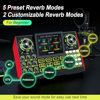 Audio Mixer, Sound Board for Pc/Phone Live Streaming Singing Gaming, Sound Mixer for 3.5/6.35mm Dynamic Microphone, Live Sound Card with DJ Mixer Effects & Voice Changer, Denoise, One Click Mute