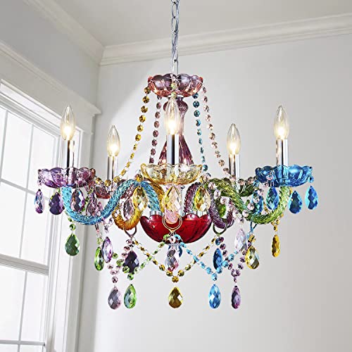 Saint Mossi Modern Colorful K9 Crystal Chandelier with 5 Lights, Contemporary Pendant Ceiling Lighting Fixture for Dining Room,Bedroom,Living Room,H19 x W19 with Adjustable Chain - color: Multicolor