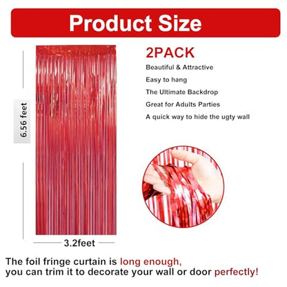 2 Pack 3.28 ft x 6.56 ft Red Tinsel Curtain Party Backdrop - Metallic Foil Tinsel Fringe Backdrop Door Fringe for Halloween, Christmas, Birthday Graduat - color: Red - 3.28 ft x 6.56 ft