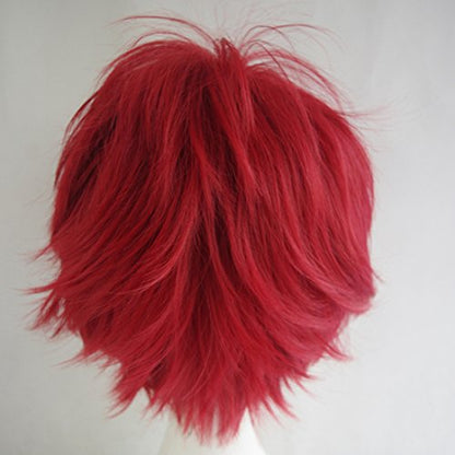 LABEAUTÉ Short Burgundy Red Anime Cosplay Wig Male Men Anime Layered Unisex Heat Resistant Hair Wig with Bangs for Party and Halloween for Gift + Free Cap - color: Burgundy Red