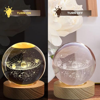 Flexzion 3D Solar System Crystal Ball Night Light - LED Light Hologram Glass Lamp with Solid Wood Base, USB Powered Crystal Ball Lamp w/Adjustable Brightness for Home Decor Display Gift,2.4inch(60mm) | Solar System Lamp with Solid Beech Wood Base and Adju