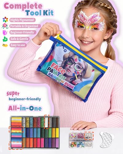 48 Colors Face Painting Kit for Kids & Adults-Water Activated Paint Palette with Stencils,Split Cake,Glitter Gels,Brushes-Body Paint Set for Halloween,Theater & Cosplay