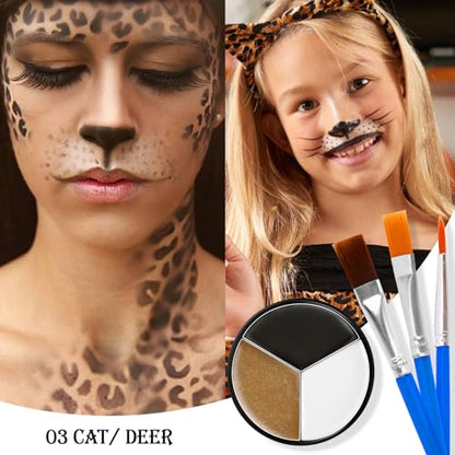 Black White Metallic Brown Face & Body Paint - Blendable Facepaint Foundation with Sponge & Brush for Skin, Professional Halloween Face Make-up Kit for Cat Deer Cheetah Leopard Tiger Lion Costume - color: 03 Cat/Deer