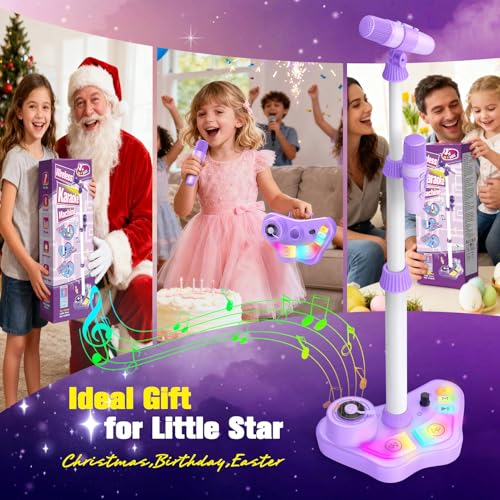 Stand Karaoke Machine for Kids, Singing Toys Gifts for 3 4 5 6 7 8 Year Old Girls Boys, Rechargeable Kid Microphone Bluetooth Speaker with 2 Wireless Mic for Girl Age 4-6 Toddler Birthday Party Toy - color: Purple