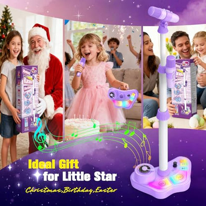 Stand Karaoke Machine for Kids, Singing Toys Gifts for 3 4 5 6 7 8 Year Old Girls Boys, Rechargeable Kid Microphone Bluetooth Speaker with 2 Wireless Mic for Girl Age 4-6 Toddler Birthday Party Toy - color: Purple
