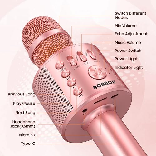 BONAOK Wireless Bluetooth Karaoke Microphone, 3-in-1 Portable Handheld Mic Speaker Machine with Built-in Non-Detachable Battery, for All Smartphones, Gifts to Girls, Boys Kids Adults All Age - color: Champagne