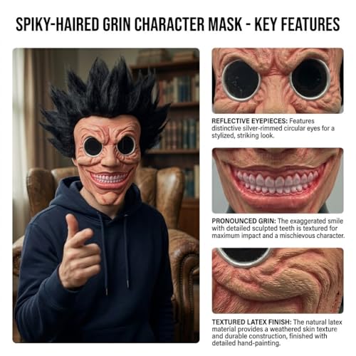 Latex Monster Mask with Black Spiky Hair, Creepy Smile Face Mask for Halloween Cosplay Party and Masquerade, Adult Size