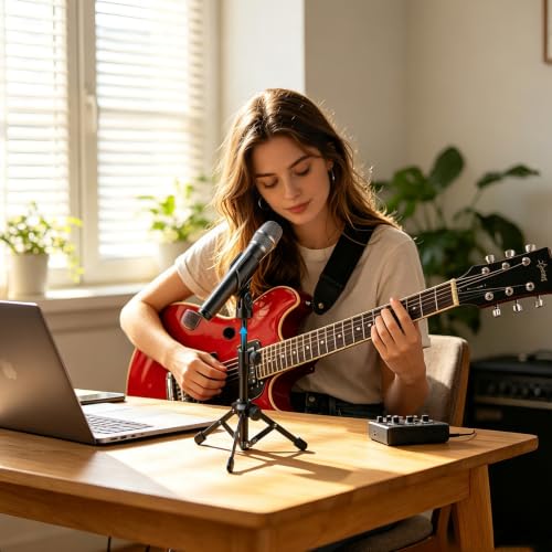 4 Pack Desk Mic Stand, Portable Foldable Tripod Microphone Stand with Mic Clip Holder, Adjustable Tabletop Stand for Blue Yeti, Snowball, Shure SM58, Dynamic & Condenser Microphones ﻿