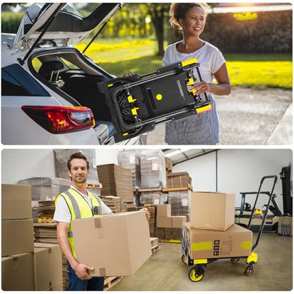 Folding Hand Truck Dolly, 330lb Convertible 4 to 2 Wheel Moving Cart,Yellow | Dolly Cart with Retractable, Aluminum Alloy & Cast Iron Build, Nylon Wheels,Compact Fold,for Moving,Office,Delivery,Outdoor - size: 330LB Yellow