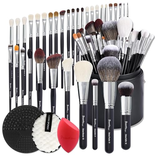 Bueart Design 34Pcs PRO Makeup Brushes Set Real Goat Hair Horse (Black) - color: Black-B