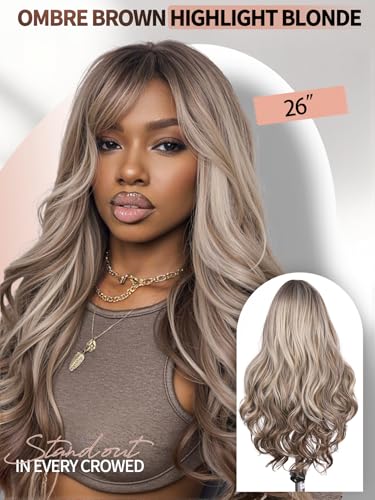 WIGER Long Brown Mixed Blonde Curly Wig With Bangs, Ombre Brown Highlight Blonde Synthetic Wigs, Layered Romantic Wavy Hair for Women Daily Party Use - color: Brown Mixed Blonde