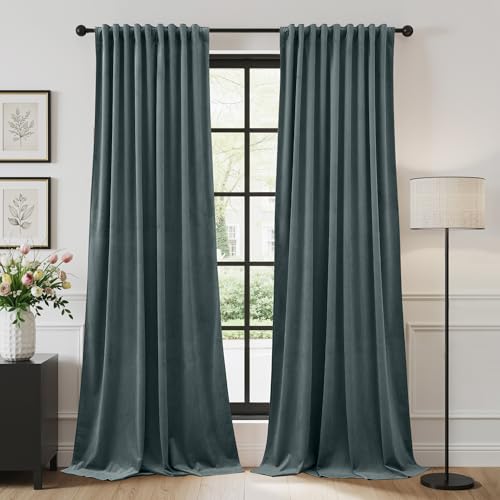 Slate Blue Velvet Curtains for Living Room, W52 x L108, 2 Panels | 280 GSM velvet with black yarn woven into back layer, Back Tab Window Drapes, Privacy & UV Protection, Boys' Bedroom, Villa - color: Slate Blue, size: 52"W x 108"L (Pack of 2)