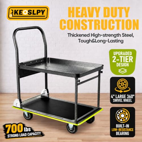 Upgraded Heavy Duty Foldable Push Cart Dolly 700 Lbs Load 2 Tier | High-Strength Steel Folding Platform Truck Cart, Moving Flatbed Cart with Wheels for Warehouse, Garage, Workshop, Office - style: 600LBS+100LBS