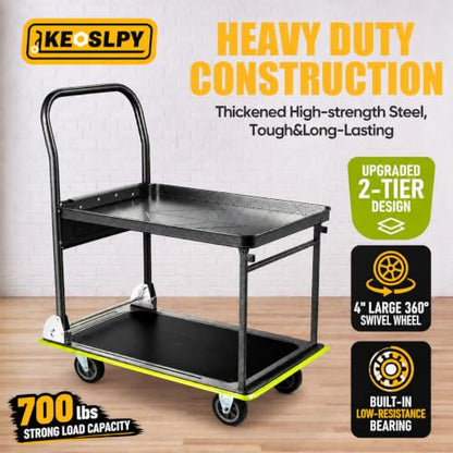 Upgraded Heavy Duty Foldable Push Cart Dolly 700 Lbs Load 2 Tier | High-Strength Steel Folding Platform Truck Cart, Moving Flatbed Cart with Wheels for Warehouse, Garage, Workshop, Office - style: 600LBS+100LBS