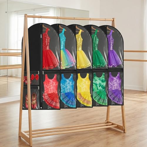 10 Pack Garment Bags for Dance Costumes, 40" Garment Bags for Hanging Clothes with 3 Clear Zipper Pocket, Waterproof Cheer Uniform Garments Bag for Dance Competition, Travel, Closet Storage (Black)