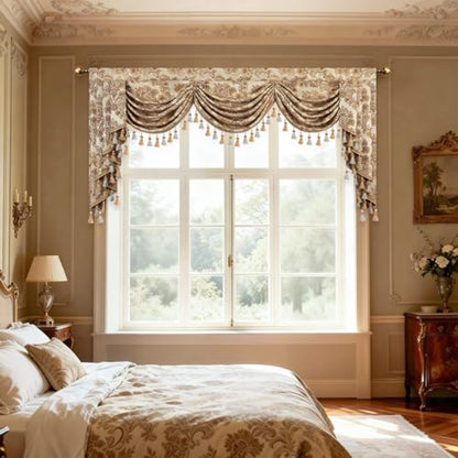 Leeva Waterfall Valance 79x45, Extra Wide Damask Swag Curtains with Beaded Tassels, Rod Pocket Window Valance for Living Room Bedroom Kitchen, Beige Luxury European Style - color: *Beige, size: 79"W x 45"L (Pack of 1)