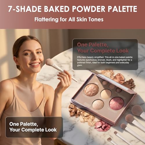 All-In-One Beginner Makeup Kit for Women - 7-Shade Baked Powder Palette, Brow Powder, Setting Powder, Matte Lipstick, Eyeliner, Mascara & 5 Brushes - Full Face Makeup Set for Daily Wear & Travel - color: 7-Baked