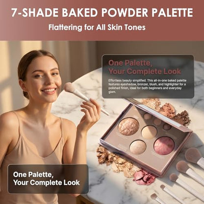 All-In-One Beginner Makeup Kit for Women - 7-Shade Baked Powder Palette, Brow Powder, Setting Powder, Matte Lipstick, Eyeliner, Mascara & 5 Brushes - Full Face Makeup Set for Daily Wear & Travel - color: 7-Baked