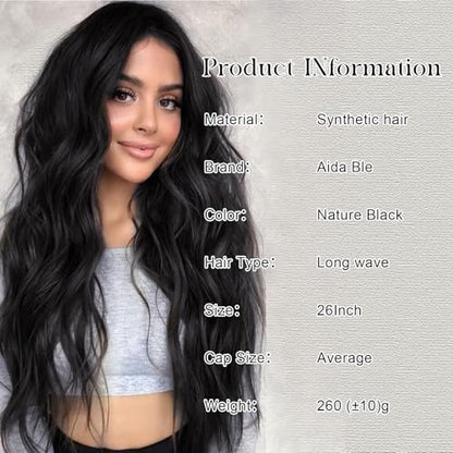 Aida ble Long Wavy Black Wig for Women 26inch Middle Part Synthetic Wig | Natural Looking Heat Resistant Hair,Suitable for Daily Wear,Party,Halloween and Cosplay,Beginner-friendly Wig - color: Black