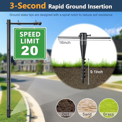 Heavy Duty Real Estate Sign Post Holder- 7 FT Adjustable Metal Yard Sign Stand with Adjustable 32" Arm &Spiral Ground Stakes, Rust-Proof Coating, Universal Sign Holder for Traffic, Construction, Events, Weatherproof & Long-Lasting - color: Black