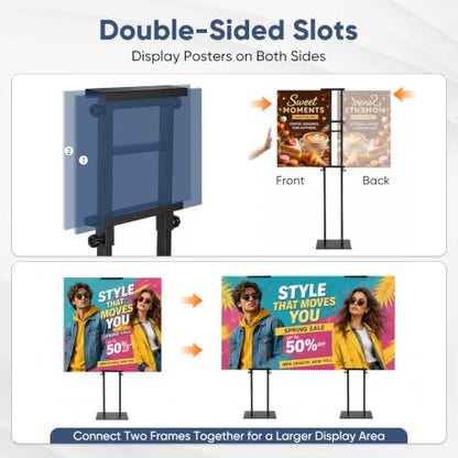 2 Pack Poster Stands for Display, Double Sided Sign Holder with Water Bags | 83 in max height; fits boards 11.8-75 in adjustable high, max 40 in wide and max 0.31 in thick; 4 fillable water bags