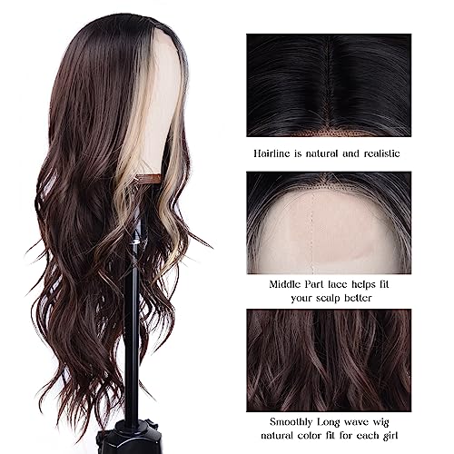 Aida ble Long Wavy Brown with Blonde Highlight Wig for Women 26Inch | Natural Looking Synthetic Hair,Suitable for Daily Wear,Party,Halloween and Cosplay,Beginner-friendly,Lightweight and soft - color: Brown mix Blonde