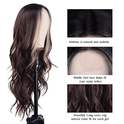 Aida ble Long Wavy Brown with Blonde Highlight Wig for Women 26Inch | Natural Looking Synthetic Hair,Suitable for Daily Wear,Party,Halloween and Cosplay,Beginner-friendly,Lightweight and soft - color: Brown mix Blonde