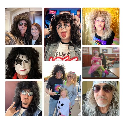 Rock Wig for 80s Costume Men and Women Curly Wavy Rocker Wig with Bangs Hippie Party Funny Wig for Halloween Themed Party Retro Concerts Costume Parties (Brown Gradient White) - color: 3-Brown Gradient White