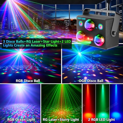 Disco Ball Party Lights,Pro 6 in 1 Disco Lights Sound Activated Dj Strobe with RGB&OGB Disco Balls,Laser Light Show,Ocean Lamp,Star Projector,2 RGB LEDs-Perfect for Disco Glow Party Rave Dance - size: Large