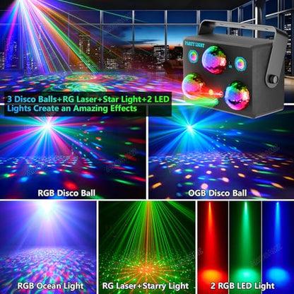 Disco Ball Party Lights,Pro 6 in 1 Disco Lights Sound Activated Dj Strobe with RGB&OGB Disco Balls,Laser Light Show,Ocean Lamp,Star Projector,2 RGB LEDs-Perfect for Disco Glow Party Rave Dance - size: Large
